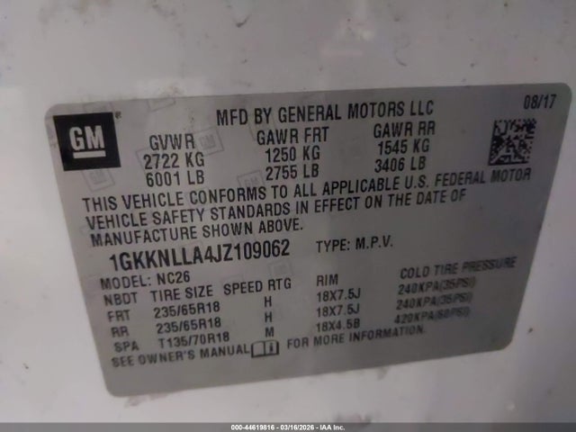 Aukcja sprzedaży 2018 Gmc Acadia Sle-2, vin: 1GKKNLLA4JZ109062, numer aukcji: 44619816