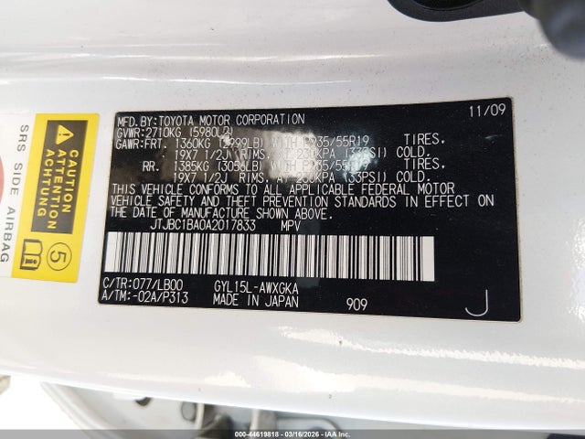 44619818 :رقم المزاد ، JTJBC1BA0A2017833 vin ، 2010 Lexus Rx 450h مزاد بيع