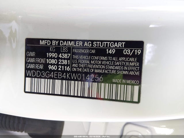 44619838 :رقم المزاد ، WDD3G4EB4KW014256 vin ، 2019 Mercedes-benz A 220 مزاد بيع