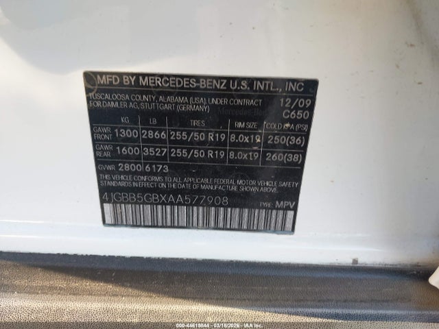 44619844 :رقم المزاد ، 4JGBB5GBXAA577908 vin ، 2010 Mercedes-benz Ml 350 مزاد بيع