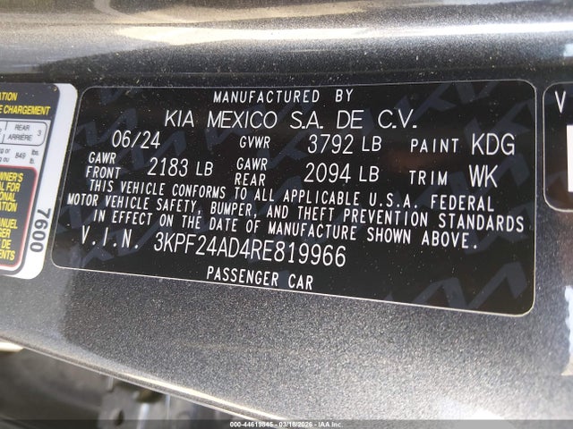 Aukcja sprzedaży 2024 Kia Forte Lx, vin: 3KPF24AD4RE819966, numer aukcji: 44619845