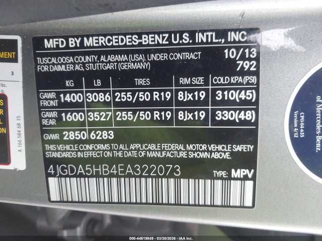 Aukcja sprzedaży 2014 Mercedes-benz Ml 350 4matic, vin: 4JGDA5HB4EA322073, numer aukcji: 44619849