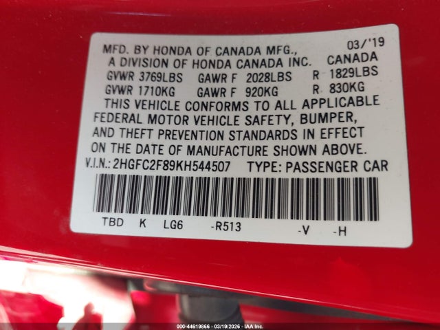 2HGFC2F89KH544507 Honda Civic Sport