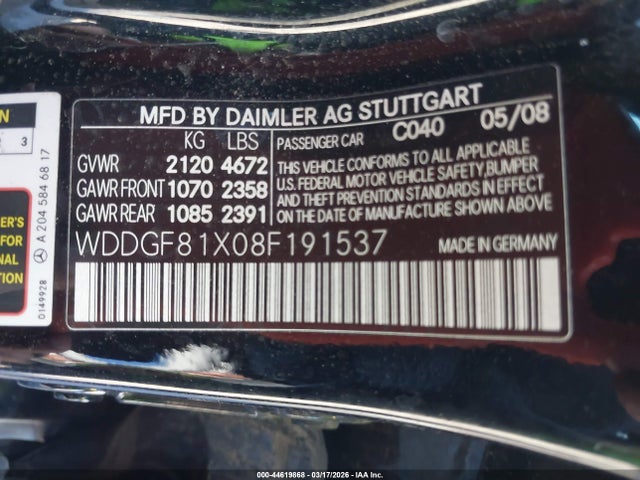 44619868 :رقم المزاد ، WDDGF81X08F191537 vin ، 2008 Mercedes-benz C 300 Luxury 4matic/sport 4matic مزاد بيع