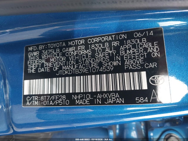 JTDKDTB39E1074539 Toyota Prius C Two
