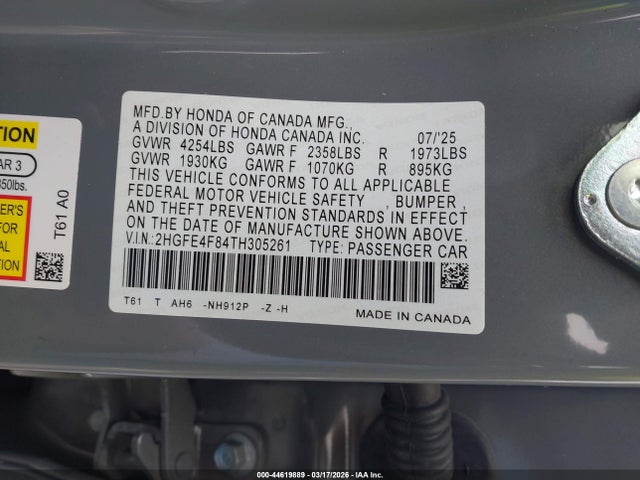 44619889 :رقم المزاد ، 2HGFE4F84TH305261 vin ، 2026 Honda Civic Hybrid Sport/sport Touring مزاد بيع