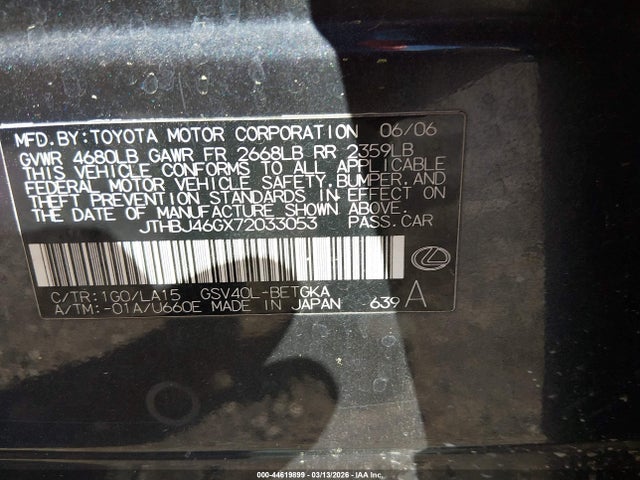 2007 Lexus Es 350 მანქანა იყიდება აუქციონზე, vin: JTHBJ46GX72033053, აუქციონის ნომერი: 44619899