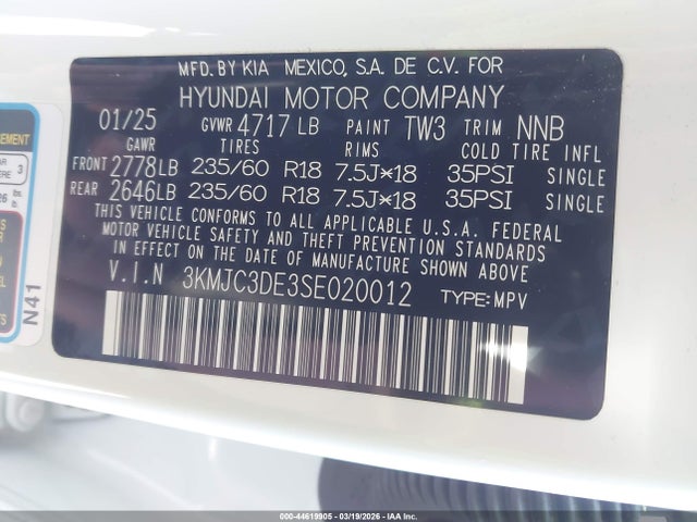 44619905 :رقم المزاد ، 3KMJC3DE3SE020012 vin ، 2025 Hyundai Tucson Sel Convenience مزاد بيع