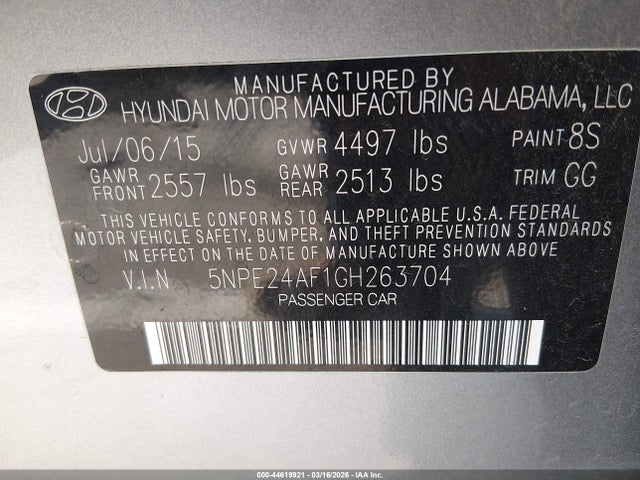 5NPE24AF1GH263704 Hyundai SONATA SE