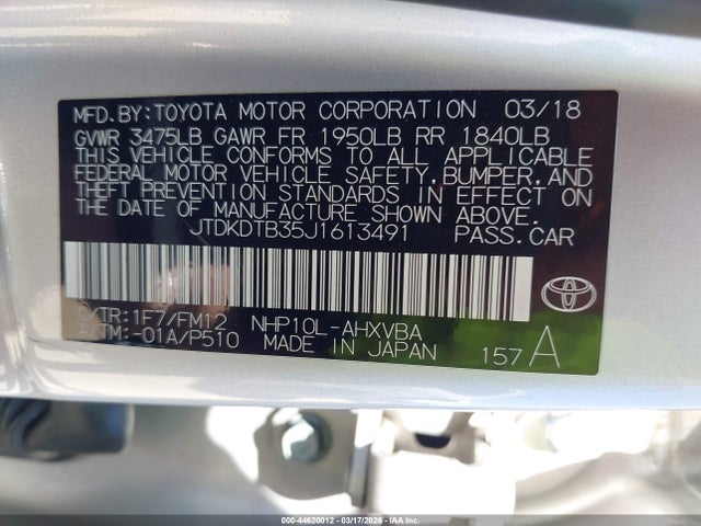 44620012 :رقم المزاد ، JTDKDTB35J1613491 vin ، 2018 Toyota Prius C Two مزاد بيع
