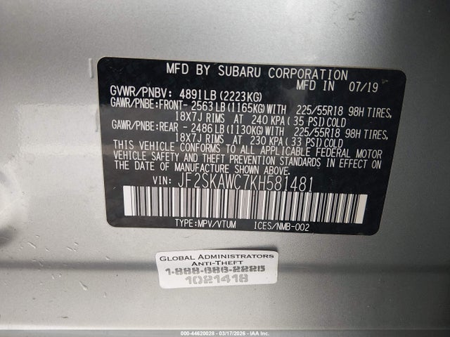 2019 Subaru Forester Touring მანქანა იყიდება აუქციონზე, vin: JF2SKAWC7KH581481, აუქციონის ნომერი: 44620028