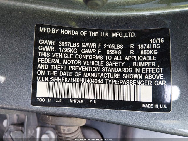 SHHFK7H40HU404044 Honda Civic Sport
