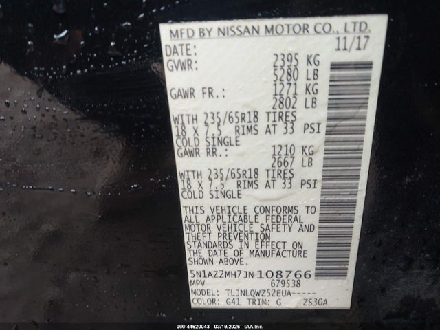 Aukcja sprzedaży 2018 Nissan Murano Sv, vin: 5N1AZ2MH7JN108766, numer aukcji: 44620043
