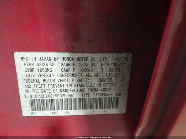 Aukcja sprzedaży 2005 Acura Tsx, vin: JH4CL96815C020946, numer aukcji: 44620124
