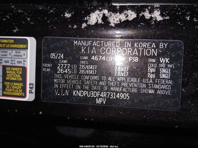 Продажа на аукционе авто 2024 Kia Sportage Lx, vin: KNDPU3DF4R7314905, номер лота: 44620136