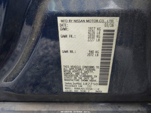 Aukcja sprzedaży 2016 Nissan Altima 2.5 Sr, vin: 1N4AL3AP0GC187750, numer aukcji: 44620156