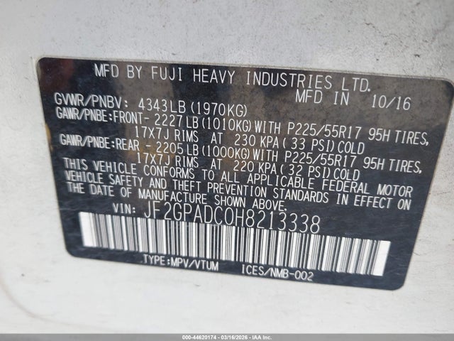 44620174 :رقم المزاد ، JF2GPADC0H8213338 vin ، 2017 Subaru Crosstrek 2.0i Premium مزاد بيع