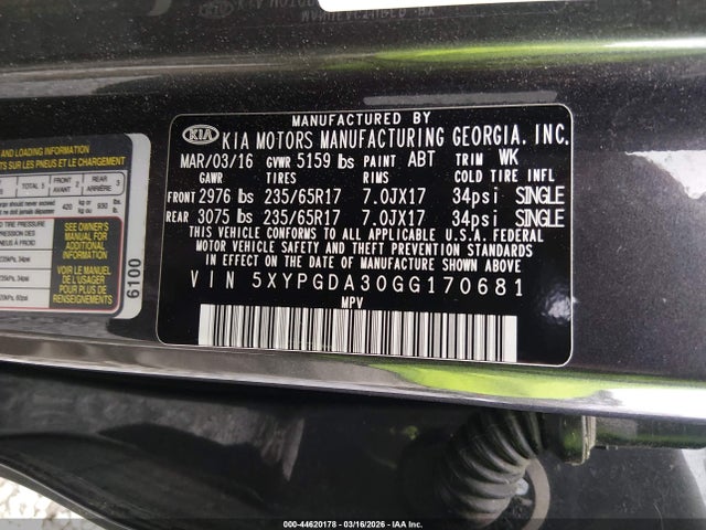 44620178 :رقم المزاد ، 5XYPGDA30GG170681 vin ، 2016 Kia Sorento 2.4l Lx مزاد بيع