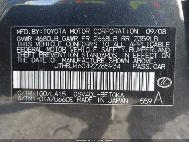 Aukcja sprzedaży 2009 Lexus Es 350, vin: JTHBJ46G492285934, numer aukcji: 44620236