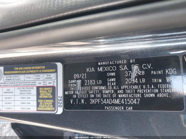 2021 Kia Forte Ex მანქანა იყიდება აუქციონზე, vin: 3KPF54AD4ME415047, აუქციონის ნომერი: 44620255