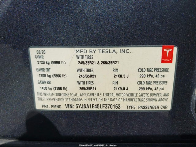 2020 TESLA MODEL S 5YJSA1E45LF370163 Photo 8