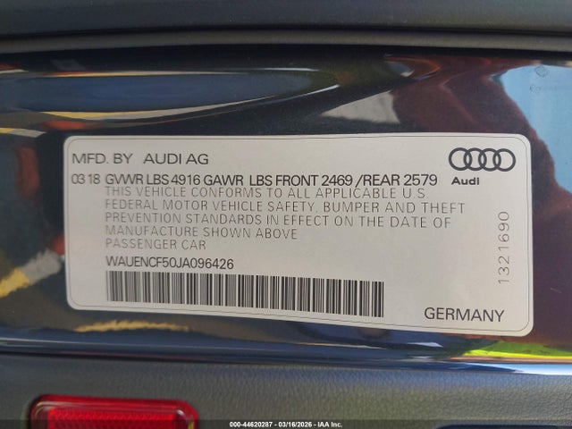 44620287 :رقم المزاد ، WAUENCF50JA096426 vin ، 2018 Audi A5 2.0t Premium مزاد بيع