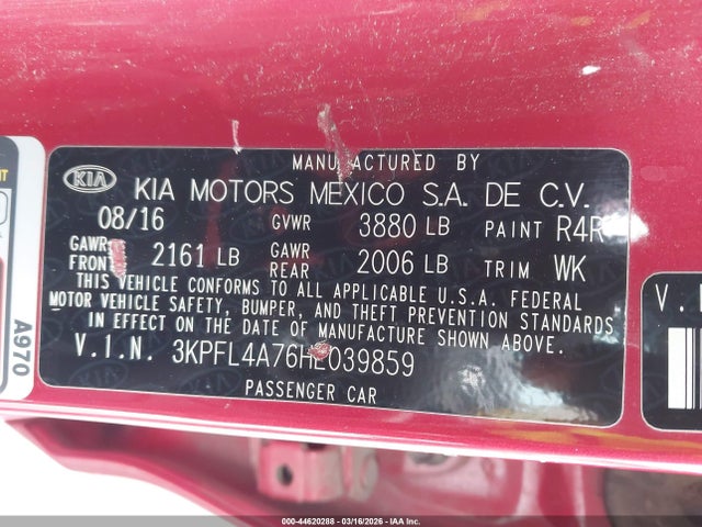 Aukcja sprzedaży 2017 Kia Forte S, vin: 3KPFL4A76HE039859, numer aukcji: 44620288
