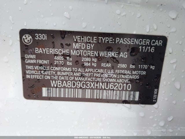 Aukcja sprzedaży 2017 Bmw 330i Xdrive, vin: WBA8D9G3XHNU62010, numer aukcji: 44620302