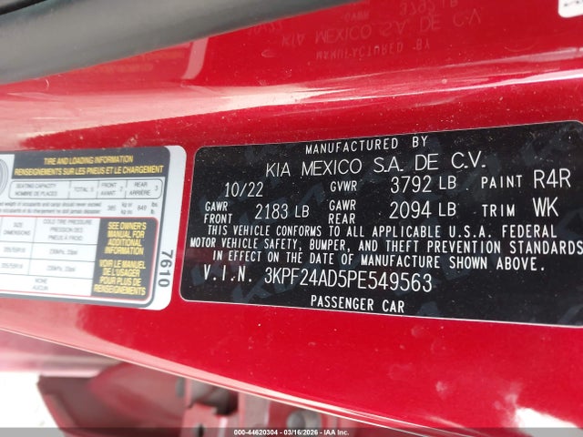 2023 Kia Forte Lxs მანქანა იყიდება აუქციონზე, vin: 3KPF24AD5PE549563, აუქციონის ნომერი: 44620304