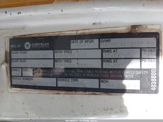 44620315 :رقم المزاد ، 1B7FD14TXES212358 vin ، 1984 Dodge D-series D150 مزاد بيع
