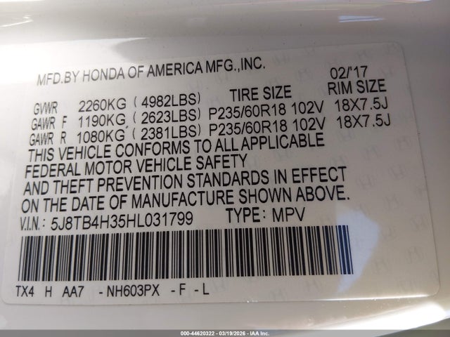 5J8TB4H35HL031799 Acura Rdx Acurawatch Plus Package