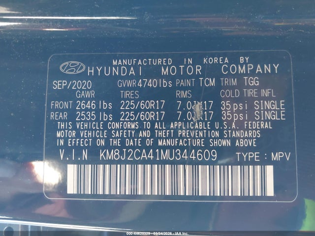 Aukcja sprzedaży 2021 Hyundai Tucson Se, vin: KM8J2CA41MU344609, numer aukcji: 44620329