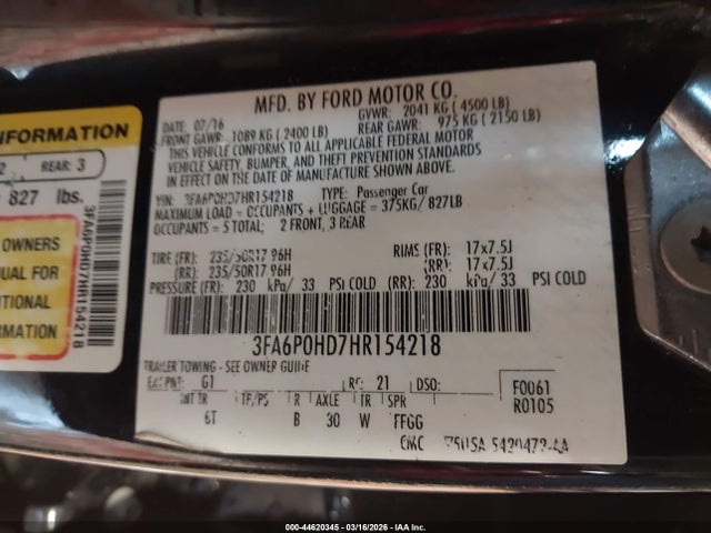 Продажа на аукционе авто 2017 Ford Fusion Se, vin: 3FA6P0HD7HR154218, номер лота: 44620345