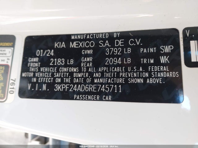 Продаж на аукціоні авто 2024 Kia Forte Lxs, vin: 3KPF24AD6RE745711, номер лоту: 44620349