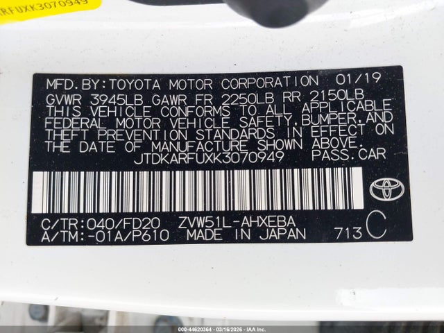 2019 TOYOTA PRIUS JTDKARFUXK3070949 Photo 8