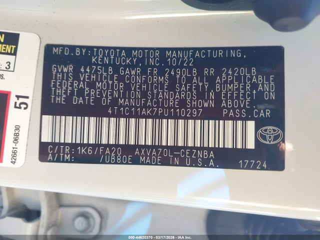 4T1C11AK7PU110297 Toyota CAMRY LE