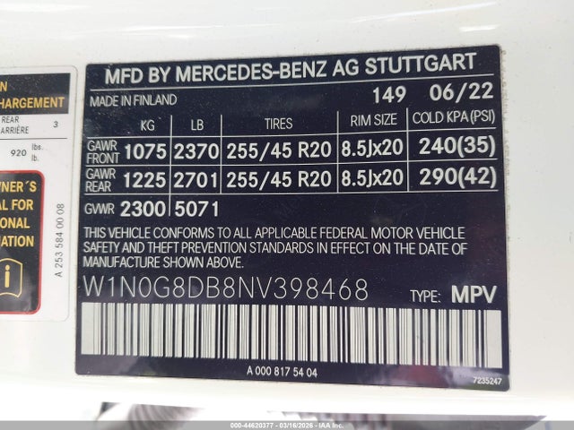 W1N0G8DB8NV398468 Mercedes-Benz Glc 300 Suv