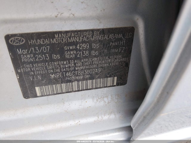Продажа на аукционе авто 2008 Hyundai Sonata Gls, vin: 5NPET46C78H300249, номер лота: 44620378