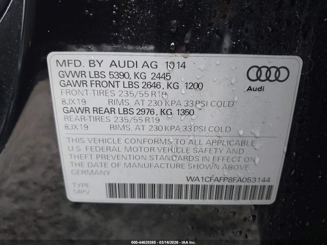 2015 Audi Q5 2.0t Premium მანქანა იყიდება აუქციონზე, vin: WA1CFAFP8FA053144, აუქციონის ნომერი: 44620385