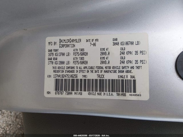 Продаж на аукціоні авто 2007 Dodge Ram 1500 Slt, vin: 1D7HA18247S106256, номер лоту: 44620398