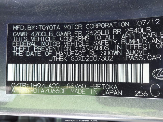 Aukcja sprzedaży 2013 Lexus Es 350, vin: JTHBK1GGXD2007302, numer aukcji: 44620441