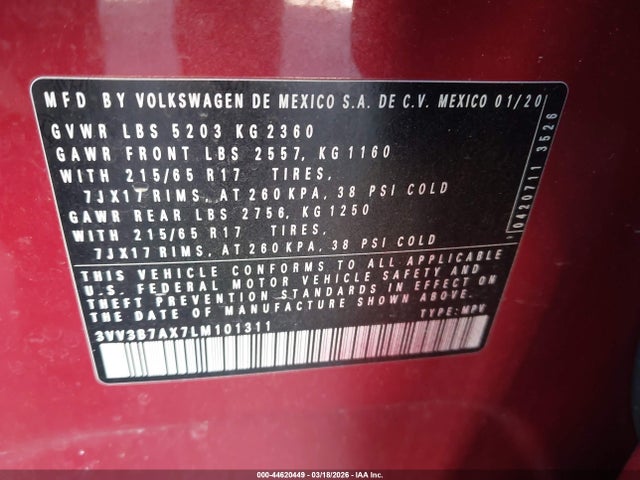 Продаж на аукціоні авто 2020 Volkswagen Tiguan 2.0t Se/2.0t Se R-line Black/2.0t Sel, vin: 3VV3B7AX7LM101311, номер лоту: 44620449