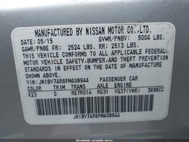 44620450 :رقم المزاد ، JN1BV7AR6FM408944 vin ، 2015 Infiniti Q50 Premium مزاد بيع