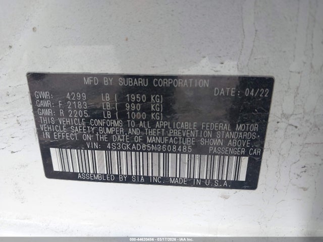 Продаж на аукціоні авто 2022 Subaru Impreza Premium, vin: 4S3GKAD65N3608485, номер лоту: 44620456