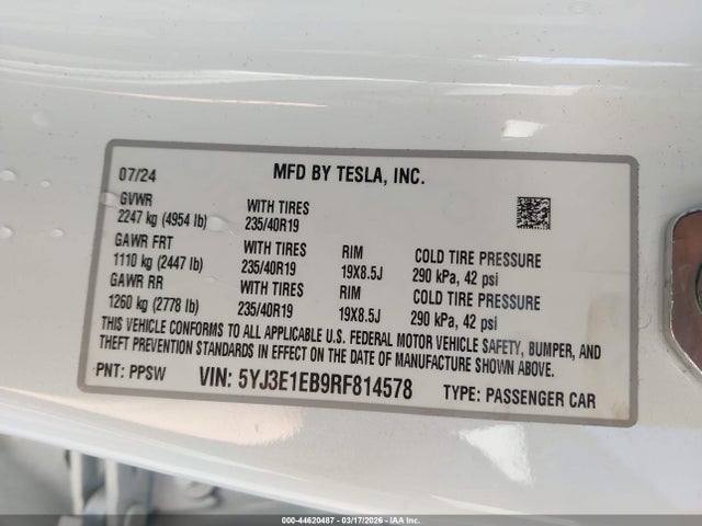 2024 Tesla Model 3 Long Range Dual Motor All-wheel Drive მანქანა იყიდება აუქციონზე, vin: 5YJ3E1EB9RF814578, აუქციონის ნომერი: 44620487