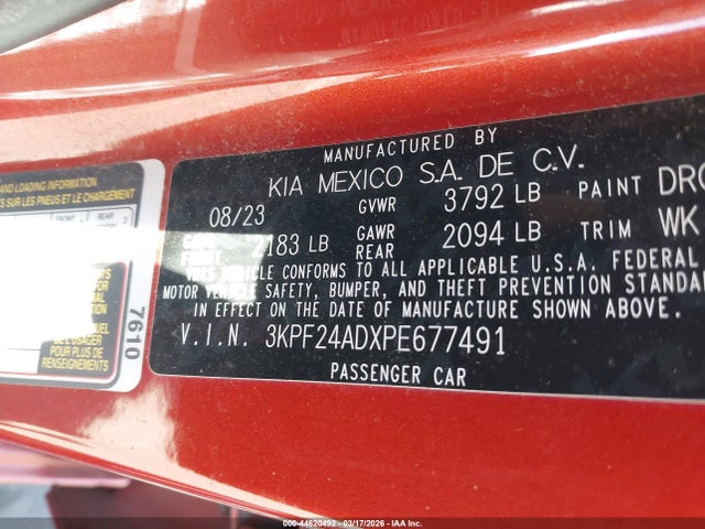 Aukcja sprzedaży 2023 Kia Forte Lxs, vin: 3KPF24ADXPE677491, numer aukcji: 44620492