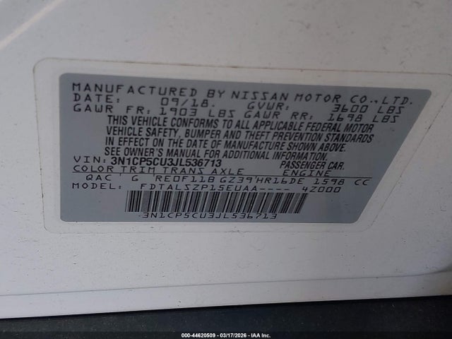44620509 :رقم المزاد ، 3N1CP5CU3JL536713 vin ، 2018 Nissan Kicks Sv مزاد بيع