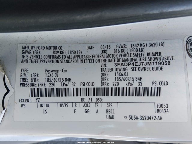 Aukcja sprzedaży 2018 Ford Fiesta Se, vin: 3FADP4EJ7JM119058, numer aukcji: 44620514