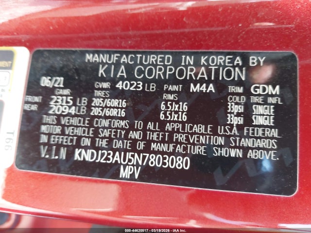 Продажа на аукционе авто 2022 Kia Soul Lx, vin: KNDJ23AU5N7803080, номер лота: 44620517
