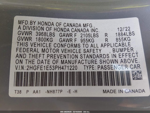 44620529 :رقم المزاد ، 2HGFE1E53PH471220 vin ، 2023 Honda Civic Si Sedan مزاد بيع